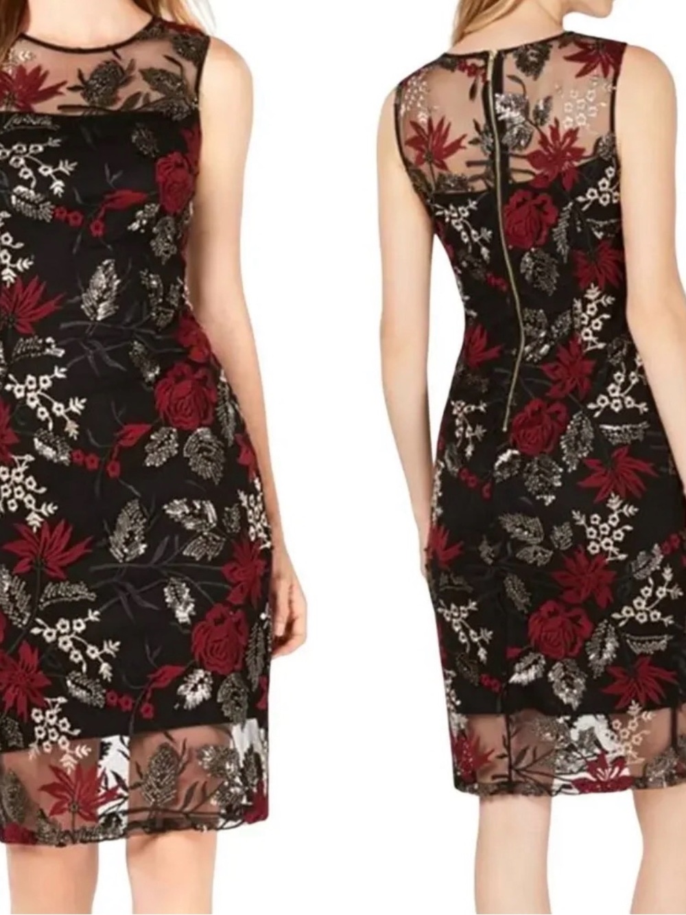 Calvin Klein Black Sheath Dress with Red Floral Embroidery